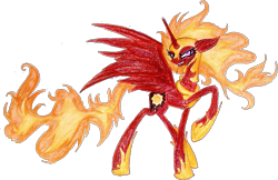 Size: 701x454 | Tagged: safe, artist:mysteriousshine, derpibooru import, nightmare star, alicorn, pony, crown, eyelashes, female, hoof shoes, jewelry, mane of fire, mare, peytral, raised hoof, redesign, regalia, simple background, smiling, solo, traditional art, transparent background