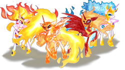 Size: 696x392 | Tagged: safe, alternate version, artist:mysteriousshine, derpibooru import, daybreaker, nightmare star, alicorn, pony, alternate hairstyle, crown, eyelashes, female, frown, hoof shoes, jewelry, mane of fire, mare, multeity, peytral, raised hoof, redesign, regalia, simple background, smiling, solo, traditional art, transparent background