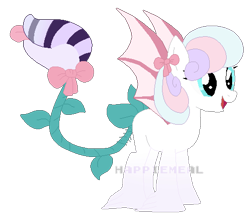 Size: 503x441 | Tagged: safe, artist:happiemeal, derpibooru import, oc, oc only, oc:candy, oc:sugar cube, monster pony, original species, piranha plant pony, plant pony, augmented tail, base used, bat wings, bow, hair bow, open mouth, plant, simple background, smiling, tongue out, transparent background, wings