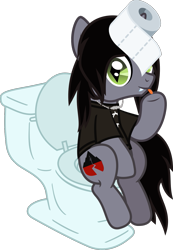 Size: 945x1369 | Tagged: safe, artist:lightningbolt, derpibooru exclusive, derpibooru import, part of a set, pony, unicorn, .svg available, but why, clothes, disguise, disguised siren, fangs, horn, horn impalement, jewelry, kellin quinn, looking at you, male, necklace, ponified, shirt, shrug, simple background, sitting, sleeping with sirens, slit eyes, solo, stallion, svg, t-shirt, toilet, toilet paper, tongue out, transparent background, underhoof, vector, 🧻