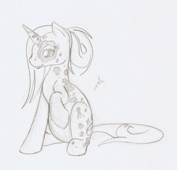 Size: 874x844 | Tagged: safe, artist:ravenpuff, derpibooru import, oc, oc only, oc:golden dancer, pony, unicorn, dappled, female, grayscale, horn, mare, monochrome, pregnant, raised hoof, solo, traditional art, unicorn oc