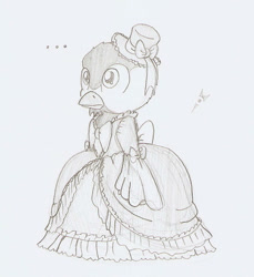 Size: 724x791 | Tagged: safe, artist:ravenpuff, derpibooru import, oc, oc only, hippogriff, ..., clothes, crossdressing, dress, frilly dress, grayscale, hat, hippogriff oc, male, monochrome, solo, top hat, traditional art