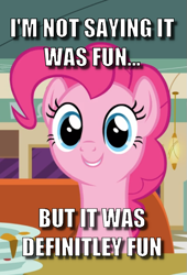 Size: 565x832 | Tagged: safe, derpibooru import, edit, edited screencap, screencap, pinkie pie, earth pony, pony, the saddle row review, ancient aliens, caption, cropped, giorgio a. tsoukalos, image macro, meme, misspelling, solo, text