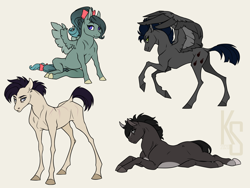 Size: 2000x1500 | Tagged: safe, artist:dementra369, derpibooru import, oc, oc only, oc:coffin, oc:morgana stein, oc:noize, oc:ruby drop, earth pony, pegasus, pony, unicorn, bow, female, filly, foal, looking at you, lying down, male, mare, scar, sitting, stallion, wings