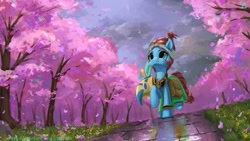 Size: 2560x1440 | Tagged: safe, artist:tinybenz, derpibooru import, meadowbrook, pony, bag, cherry blossoms, cloud, cute, female, flower, flower blossom, healer's mask, mare, mask, saddle bag, scenery, sky, solo, tree