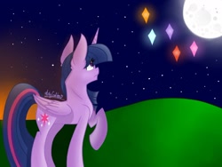 Size: 1280x960 | Tagged: safe, artist:misscandyt, derpibooru import, twilight sparkle, twilight sparkle (alicorn), alicorn, pony, evening, female, grass, immortality blues, looking up, mare, moon, night, sad, signature, sky, solo, stars, twilight will outlive her friends