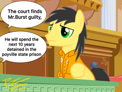 Size: 2048x1536 | Tagged: source needed, safe, artist:thunder burst, derpibooru import, oc, oc:thunder burst, pegasus, pony, clothes, courtroom, prison outfit, solo, text