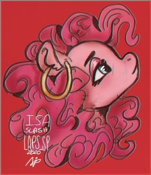 Size: 1280x1473 | Tagged: safe, artist:laps-sp, derpibooru import, pinkie pie, earth pony, pony, bust, ear piercing, earring, gypsy pie, jewelry, piercing, portrait, red background, simple background, solo