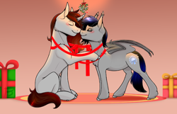 Size: 1600x1028 | Tagged: safe, artist:jaywaan, derpibooru import, oc, bat pony, pony, unicorn, boop, mistletoe, noseboop