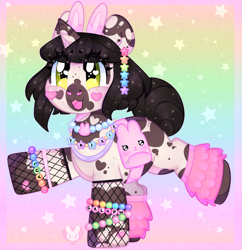 Size: 2905x3000 | Tagged: safe, artist:bunxl, derpibooru import, oc, oc only, oc:bunny, pony, unicorn, :3, backpack, bracelet, bunny ears, ear piercing, earring, female, fishnet stockings, freckles, happy, heart eyes, jewelry, kandi, piercing, pinto, rave, septum, solo, sticker, wingding eyes