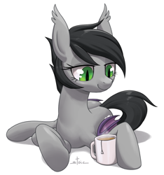 Size: 1133x1208 | Tagged: safe, artist:stoic5, derpibooru import, oc, oc only, oc:jasmine, bat pony, /mlp/, bat pony oc, bat wings, female, food, lidded eyes, mare, mug, requested art, simple background, solo, tea, white background, wings