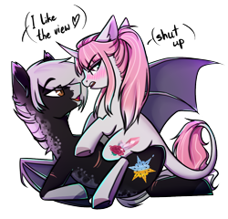 Size: 1112x1066 | Tagged: safe, artist:cloud-fly, derpibooru import, oc, oc:rosie quartz, oc:victor bates, bat pony, unicorn, bat pony oc, bat wings, commission, digital art, female, gift art, leonine tail, simple background, smiling, transparent background, vicsie, wings