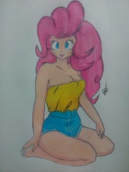 Size: 1224x1632 | Tagged: safe, artist:12alvaro, derpibooru import, pinkie pie, equestria girls, barefoot, clothes, denim shorts, feet, happy, kneeling, pink hair, shorts, solo, sultry pose, tomboy, top, traditional art