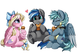 Size: 3550x2509 | Tagged: safe, artist:pridark, derpibooru import, oc, oc only, oc:bay breeze, oc:cloud zapper, oc:storm surge, pegasus, pony, chewing, eating, female, floating heart, food, heart, male, muffin, trio