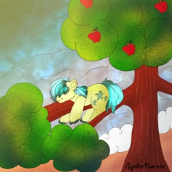 Size: 2500x2500 | Tagged: safe, artist:spider_bunnie, derpibooru import, sandbar, earth pony, pony, apple, apple tree, beach, female, filly, food, male, seashore, signature, sleeping, solo, stallion, tree, tree branch, wave