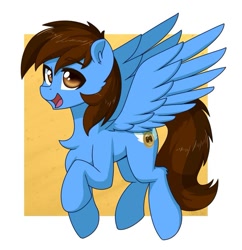 Size: 879x909 | Tagged: safe, artist:puetsua, derpibooru import, oc, oc only, oc:pegasusgamer, pegasus, chest fluff, flying, happy, looking at you, simple background, wings