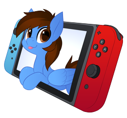 Size: 3500x3251 | Tagged: safe, artist:scarlet-spectrum, derpibooru import, oc, oc only, oc:pegasusgamer, pegasus, pony, bust, happy, looking at you, nintendo, nintendo switch, simple background, solo, tongue out, transparent background, video game, wings