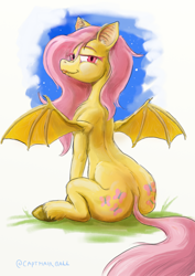 Size: 1414x2000 | Tagged: safe, artist:capt_hairball, derpibooru import, fluttershy, bat pony, pegasus, bat ponified, butt, cutie mark, eye clipping through hair, fangs, female, flutterbat, grass, looking at you, looking back, looking back at you, looking over shoulder, mare, night, plot, race swap, simple background, smiling, smirk, solo, tail