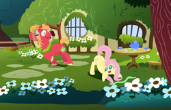 Size: 2000x1280 | Tagged: safe, anonymous artist, derpibooru import, big macintosh, fluttershy, earth pony, pegasus, pony, series:fm holidays, ass up, blushing, chair, cookie, cravat, cup, eyes on the prize, female, flower, fluttermac, fluttershy's cottage, food, garden, head turn, holiday, lineless, male, mare, misleading thumbnail, motion lines, no pupils, not what it looks like, saint patrick's day, shamrock, shipping, smear, stallion, straight, table, teacup, teapot