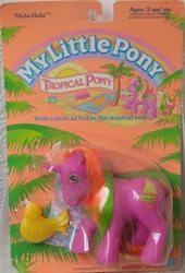 Size: 473x696 | Tagged: safe, derpibooru import, bird, g1, beach, beach towel, boombox, hula hula, ocean, official, packaging, pail, palm tree, sun, text, toy, tree, tropical ponies