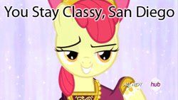 Size: 480x270 | Tagged: safe, derpibooru import, edit, edited screencap, screencap, apple bloom, earth pony, pony, for whom the sweetie belle toils, clothes, dress, female, hub logo, lidded eyes, san diego, smiling, solo