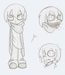 Size: 585x679 | Tagged: safe, artist:ravenpuff, derpibooru import, oc, oc only, oc:fisheyes, human, bags under eyes, bust, clothes, grayscale, humanized, lineart, male, monochrome, scared, scarf, sharp teeth, smiling, teeth, tired, traditional art