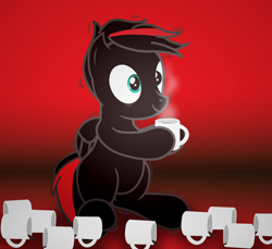 Size: 3600x3300 | Tagged: safe, artist:agkandphotomaker2000, derpibooru import, oc, oc:arnold the pony, pegasus, pony, caffeine, caffeine overload, coffee, coffee mug, mug, red and black mane, red and black oc, shaking, simple background, the face of hyperactivity