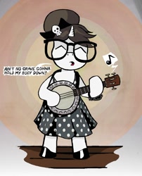 Size: 1280x1587 | Tagged: safe, artist:owlor, derpibooru import, raven, unicorn, banjo, clothes, dress, female, glasses, guitar, hair bun, mare, music, musical instrument, singing, skull