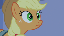 Size: 1920x1080 | Tagged: safe, derpibooru import, screencap, applejack, earth pony, pony, the summer sun setback, applejack's hat, canterlot, cowboy hat, female, freckles, green eyes, hat, night, solo, wide eyes