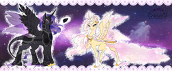 Size: 2900x1200 | Tagged: safe, artist:kk_furryworks, derpibooru import, oc, oc only, alicorn, alicorn oc, armor, braid, clothes, dress, duo, ethereal mane, ethereal wings, female, hoof fluff, male, mare, raised hoof, stallion, starry mane, wings