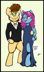 Size: 1228x2004 | Tagged: safe, artist:lucas_gaxiola, derpibooru import, oc, oc:charmed clover, earth pony, semi-anthro, bottomless, clothes, dress, earth pony oc, female, male, necktie, oc x oc, partial nudity, shipping, side hug, side slit, signature, straight, suit, watch