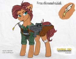 Size: 3300x2550 | Tagged: safe, artist:seriff-pilcrow, artist:tillie-tmb, color edit, derpibooru import, edit, oc, oc:terra alessandra volt, earth pony, pony, fanfic:spectrum of lightning, series:daring did tales of an adventurer's companion, bandage, colored, colored sketch, gun, mp5, scar, solo, straw in mouth, stun rod, submachinegun, weapon