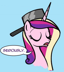 Size: 339x385 | Tagged: safe, artist:iraincloud, artist:zicygomar, edit, princess cadance, alicorn, pony, colored, comic, funny, hat, meme, pot, serious hat, silly, silly pony, simple background