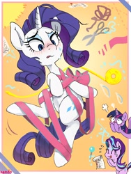 Size: 1200x1600 | Tagged: safe, artist:nendo, rarity, starlight glimmer, twilight sparkle, twilight sparkle (alicorn), alicorn, pony, unicorn, blushing, bondage, female, group, mare, ribbon, scissors, sweat, tongue out, trio