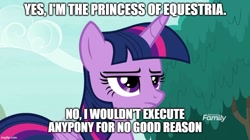 Size: 888x499 | Tagged: safe, edit, edited screencap, screencap, twilight sparkle, twilight sparkle (alicorn), alicorn, pony, non-compete clause, caption, female, frown, image macro, implied execution, implied tyrant sparkle, mare, meme, solo, text, twilight is not amused, unamused