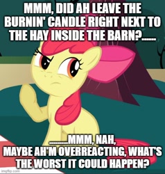 Size: 500x526 | Tagged: safe, edit, edited screencap, screencap, apple bloom, earth pony, pony, hearts and hooves day (episode), caption, cropped, female, filly, image macro, mare, raised eyebrow, raised hoof, solo, text, thinking, this will end in fire