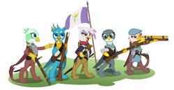 Size: 4850x2500 | Tagged: safe, artist:camo-pony, derpibooru exclusive, derpibooru import, gabby, gallus, gilda, gimme moore, greta, griffon, apron, armor, breastplate, clothes, flag, flat cap, gun, handgun, hat, musket, pistol, simple background, spyglass, uniform, weapon