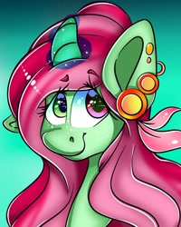 Size: 960x1200 | Tagged: safe, artist:tessa_key_, derpibooru import, oc, oc only, pony, unicorn, bust, ear piercing, earring, eyelashes, glowing horn, gradient background, heterochromia, horn, jewelry, piercing, solo, unicorn oc