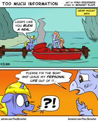 Size: 938x1170 | Tagged: safe, artist:pony-berserker, derpibooru import, oc, oc:final drive, hippogriff, unicorn, boat, comic, implied blowjob, implied oral, implied sex, motorboat, mount aris, pier, pun, speech bubble, water