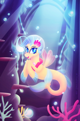 Size: 6146x9312 | Tagged: safe, artist:maldaptive-m, derpibooru import, princess skystar, seapony (g4), my little pony: the movie, absurd file size, absurd resolution, blue eyes, bubble, coral, crepuscular rays, cute, female, fin wings, fins, fish tail, flower, flower in hair, jewelry, looking at you, necklace, open mouth, pearl necklace, seaquestria, skyabetes, smiling, solo, underwater, water, wings