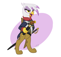 Size: 1720x1620 | Tagged: safe, artist:camo-pony, derpibooru import, gilda, griffon, bipedal, clothes, gun, handgun, pistol, simple background, solo, spyglass, sword, uniform, weapon