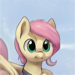 Size: 1024x1024 | Tagged: safe, artist:thisponydoesnotexist, derpibooru import, pony, female, filly, neural network, pink mane, simple background, sky background, solo, yellow coat, younger