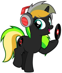 Size: 1821x2138 | Tagged: safe, artist:lightning stripe, derpibooru exclusive, derpibooru import, oc, oc:melody beats, pony, unicorn, black coat, clothes, commission, cutie mark, female, headphones, horn, long hair, long mane, mare, multicolored hair, one leg raised, record, show accurate, simple background, smiling, solo, teal eyes, transparent background, vector