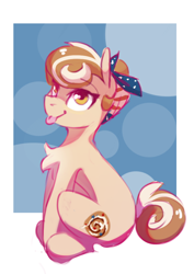 Size: 620x877 | Tagged: safe, artist:anticular, derpibooru import, oc, oc:cinnamon spangled, earth pony, pony, :p, bandana, chest fluff, cute, female, mare, sitting, solo, tongue out