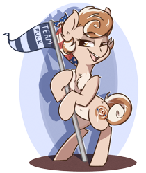 Size: 570x680 | Tagged: safe, artist:modularpon, derpibooru import, oc, oc:cinnamon spangled, earth pony, pony, abstract background, banner, bipedal, chest fluff, female, flag, lidded eyes, mare, solo, standing, vulgar