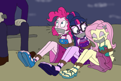 Size: 1778x1186 | Tagged: safe, artist:bugssonicx, derpibooru import, fluttershy, pinkie pie, sci-twi, twilight sparkle, equestria girls, spring breakdown, arm behind back, boat, bondage, bound and gagged, clothes, crying, dress, eyes closed, eyeshadow, female, femsub, fluttersub, gag, glasses, helpless, kidnapped, makeup, peril, pinkiesub, pirate, sandals, scared, skirt, sleeveless, submissive, tape, tape gag, tied hands, tied up, twisub