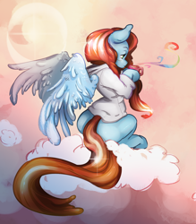 Size: 1514x1732 | Tagged: safe, artist:jorachan, derpibooru import, oc, oc only, pegasus, pony, clothes, cloud, hoodie, mug, on a cloud, sitting, sitting on cloud, solo