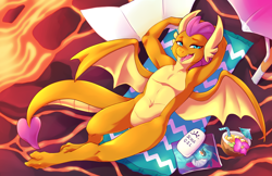 Size: 5100x3300 | Tagged: safe, artist:mlpfwb, derpibooru import, smolder, dragon, beach towel, belly button, commission, detailed background, dragon lands, dragoness, drink, female, full color, hands on head, horns, lava, lava pool, laying on ground, lotion, magazine, mirror, older, older smolder, relaxing, solo, spread wings, stretching, stupid sexy smolder, sun bathing, tail, umbrella, vacation, warm, wings