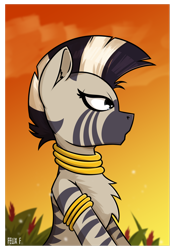 Size: 1024x1463 | Tagged: safe, artist:feital-zebra, derpibooru import, zecora, zebra, bust, jewelry, portrait, side view