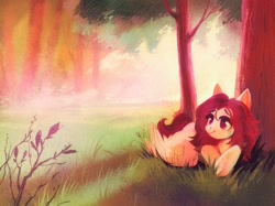 Size: 1934x1450 | Tagged: safe, artist:dearmary, derpibooru import, oc, oc only, oc:crimm harmony, pegasus, pony, female, lying down, mare, scenery, smiling, solo, tree